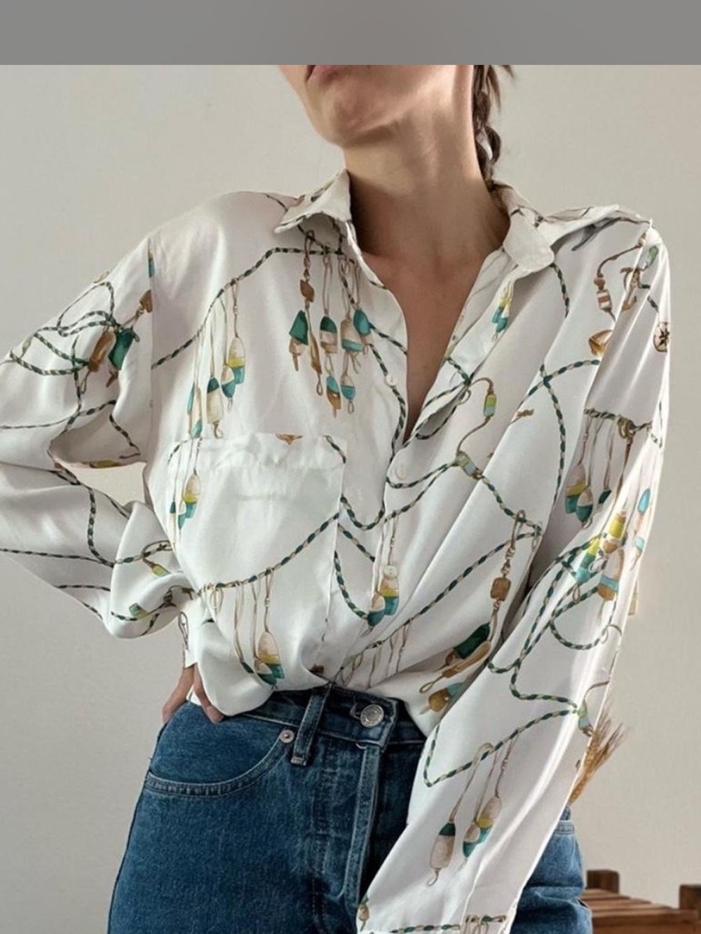 Zara White Button-Down Shirt with Nautical Rope & Buoy Print